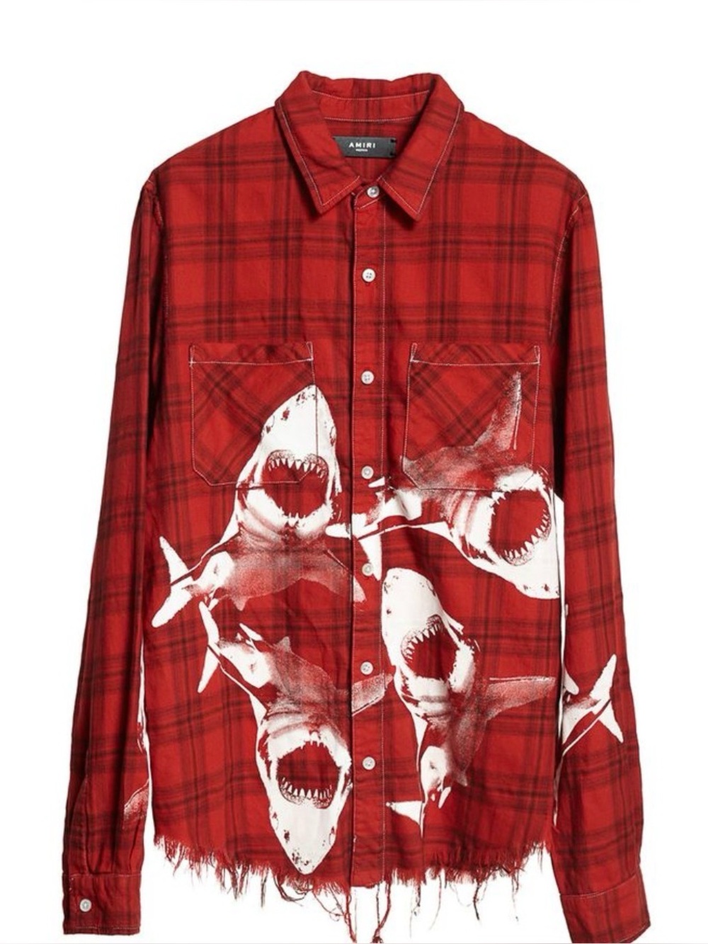 AMIRI Red Plaid Button-Up Shirt with White Shark Print